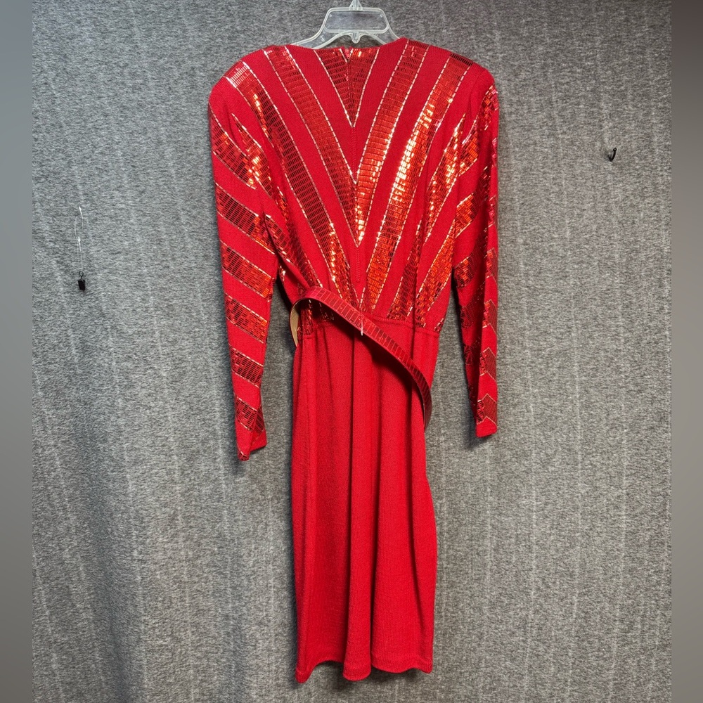 St. John by Marie Gray Red Sequin Long Sleeve Sweater Dress - Picture 3 of 8